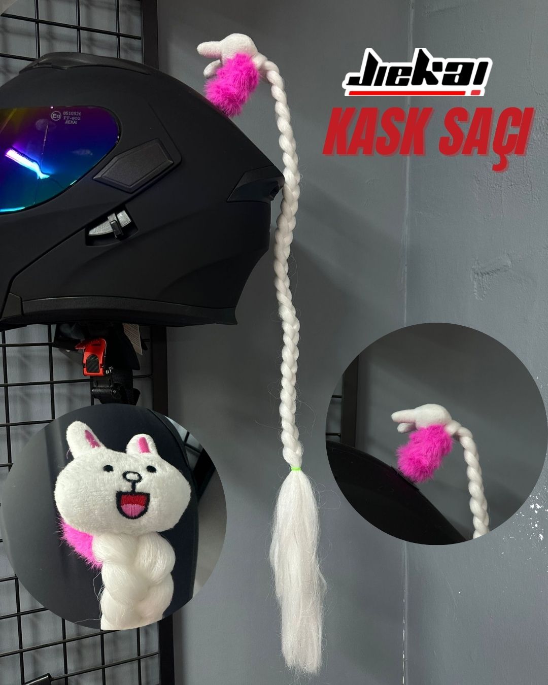 JİEKAİ KASK SAÇI TOKALI  BEYAZ DÜZ ÖRGÜ MODEL-01